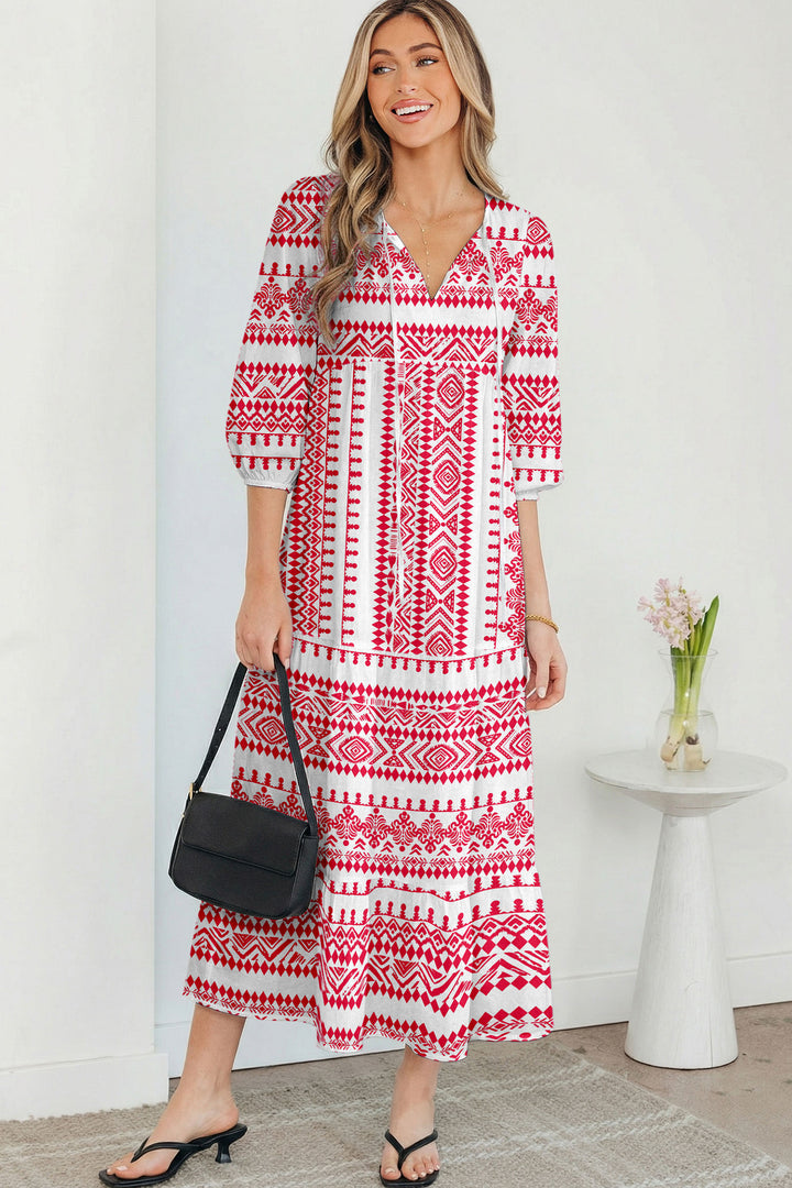 Red Boho Printed Half Sleeve Maxi Dress