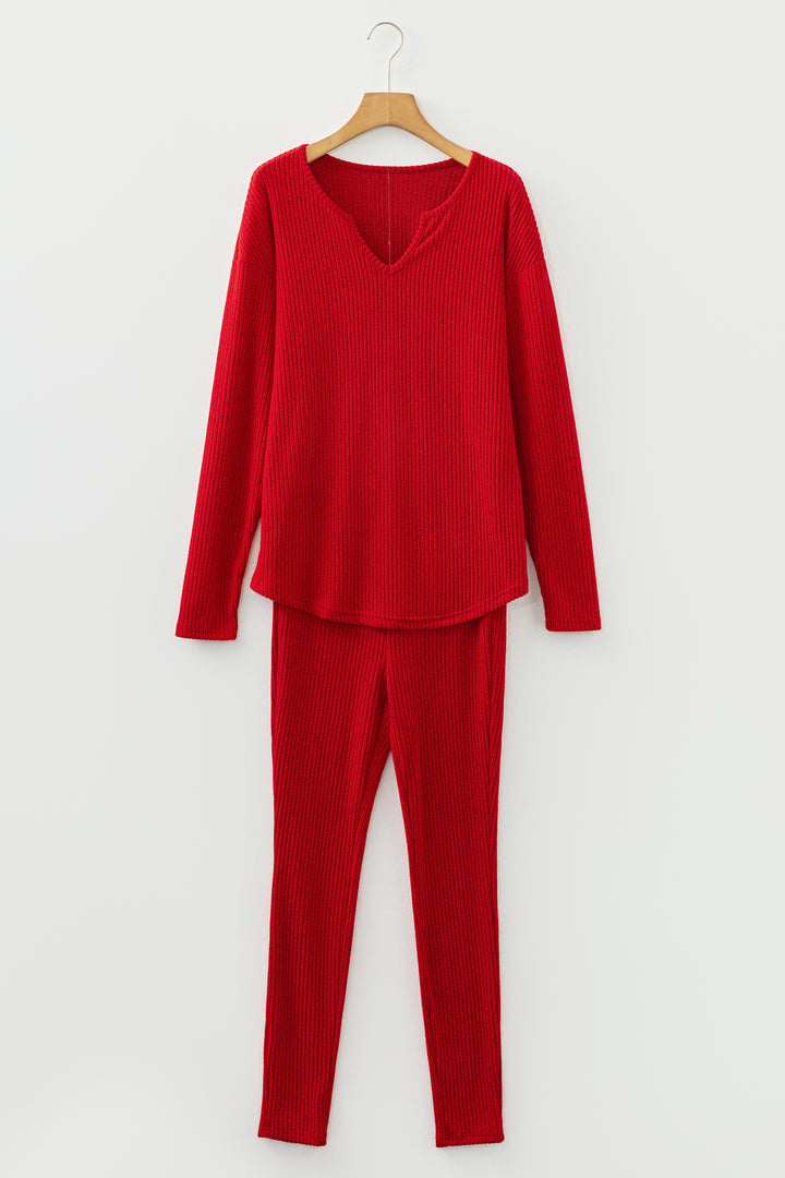 Racing Red Ribbed Notched Neck Knit Long Sleeve Leggings Two Pieces Lounge Set