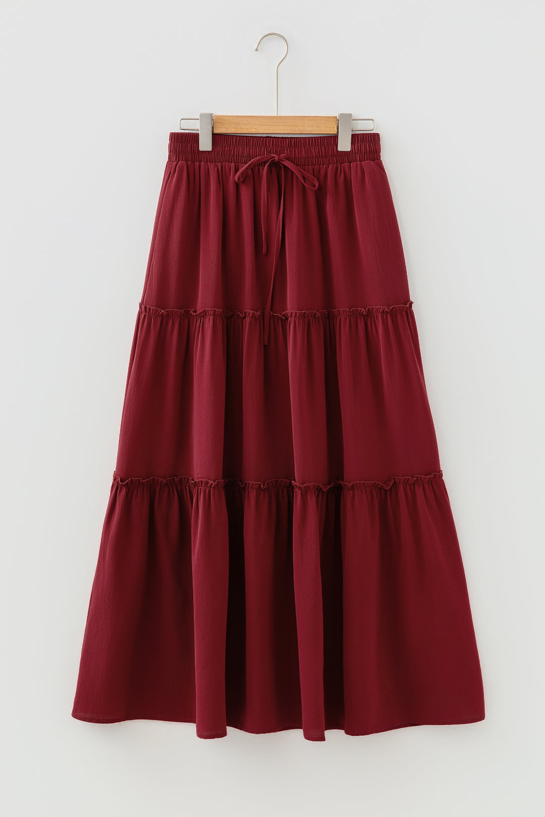 Fiery Red Black Frill Tiered Drawstring Waist Maxi Skirt
