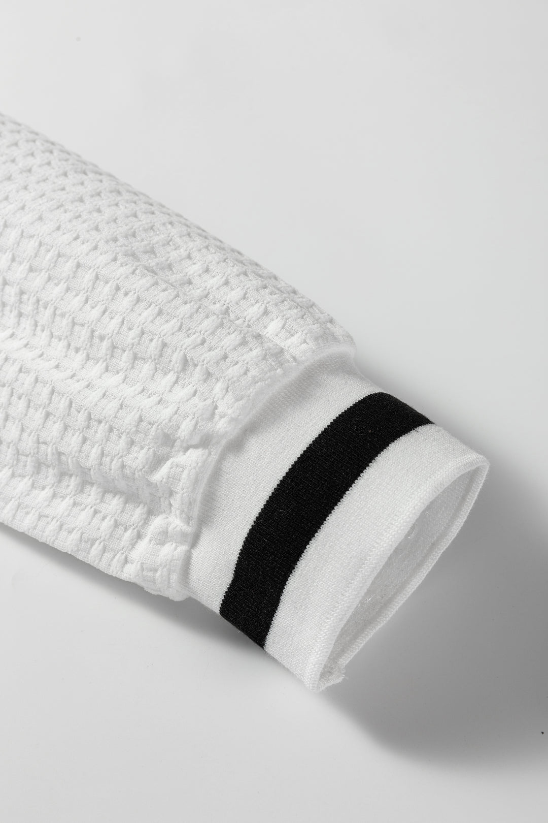 White Textured Knit Preppy Striped Trim V Neck Pullover Waffle Top