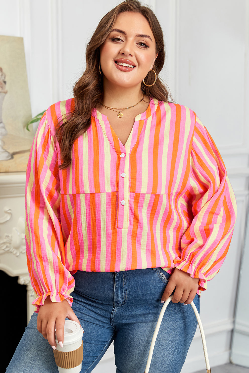 Pink Stripe Crinkled Half Buttons V Neck Plus Size Blouse