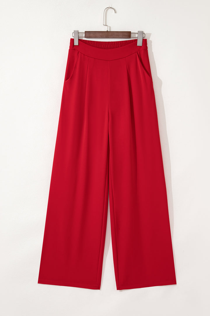 Fiery Red Pleated Detail Pull On High Elastic Waist Loose Straight Pants