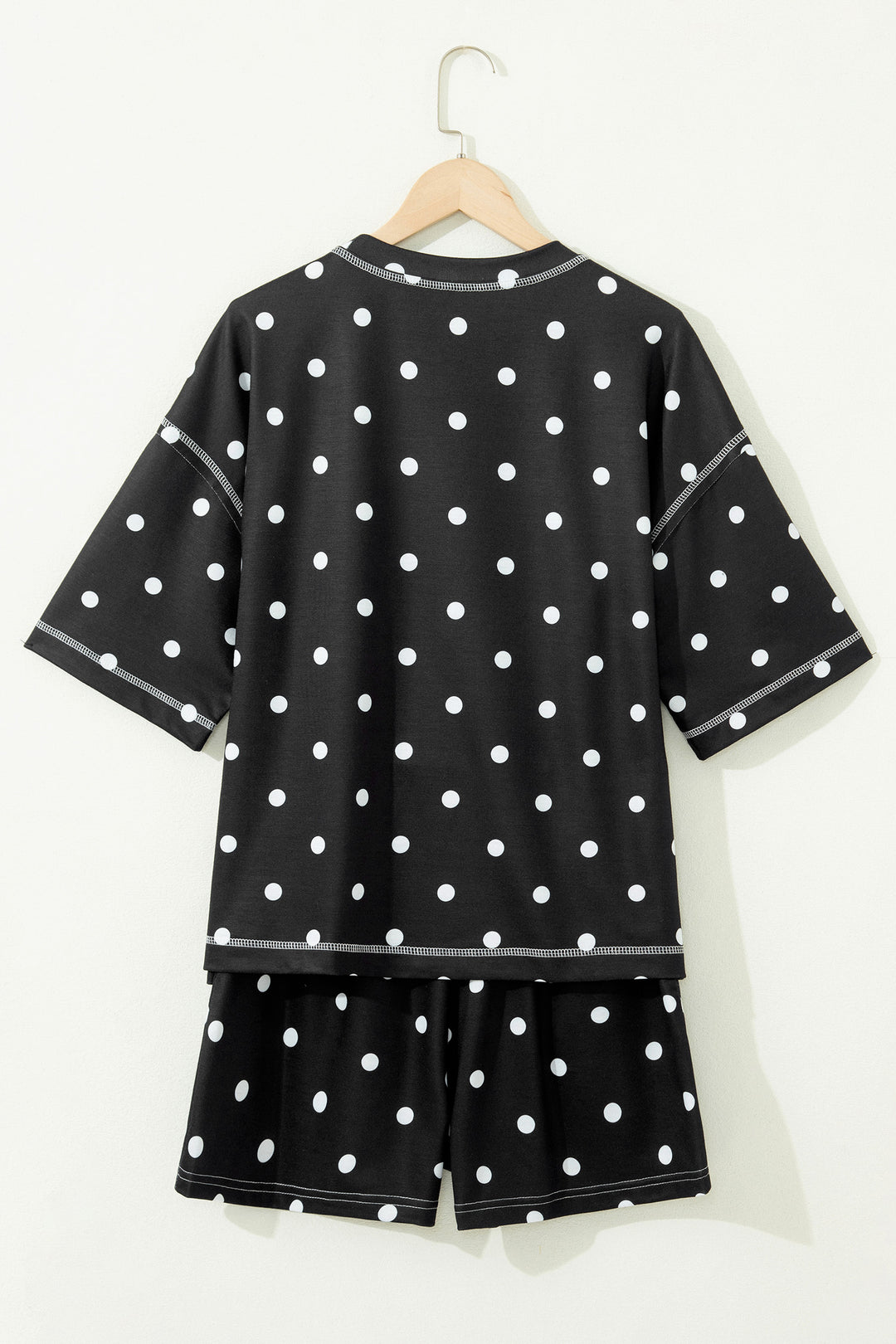 Black Exposed Seam Detail Polka Dot Loose Tee Drawstring Shorts Set