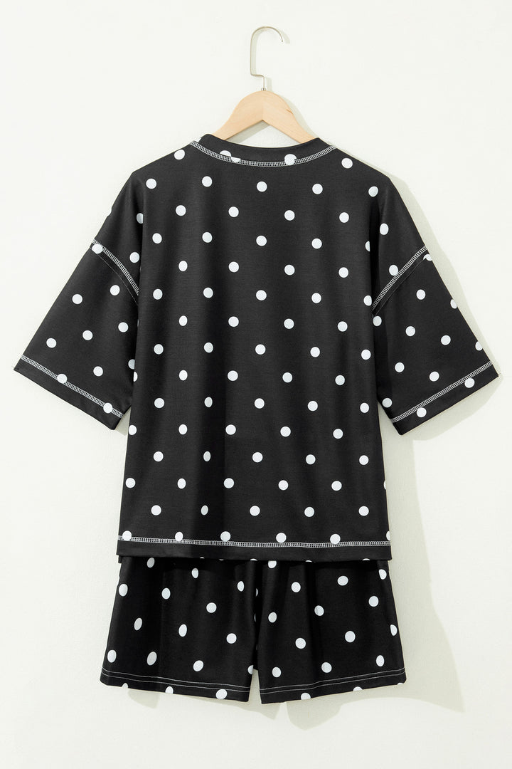 Black Exposed Seam Detail Polka Dot Loose Tee Drawstring Shorts Set