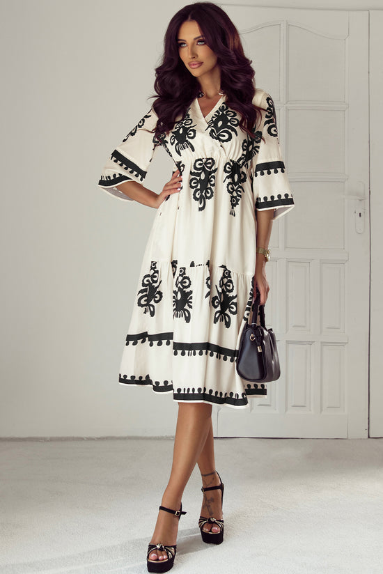 Beige Western Geometric Print 3/4 Sleeve Loose Midi Dress