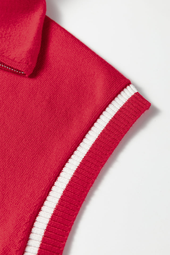 Fiery Red Quarter Zip Striped Detail Short Sleeve Sweater