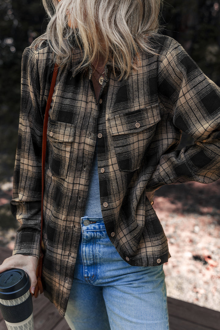 Multicolour Retro Plaid Double Flap Pocket Brushed Shacket