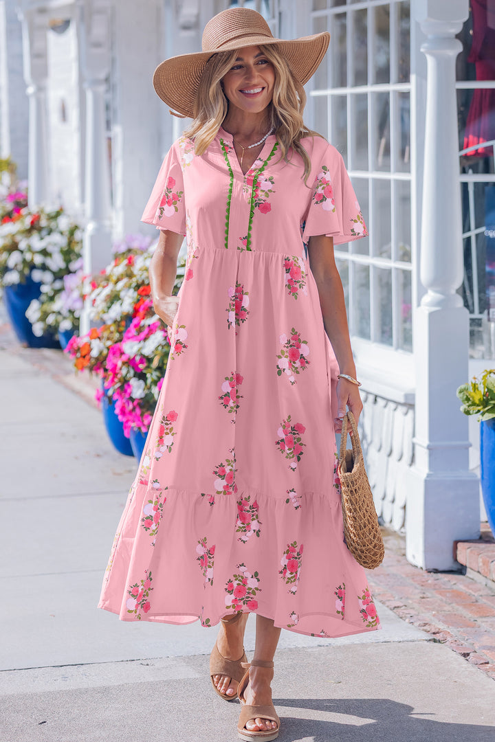 Pink Notched Neck Flutter Short Sleeve Floral Print Maxi Dress