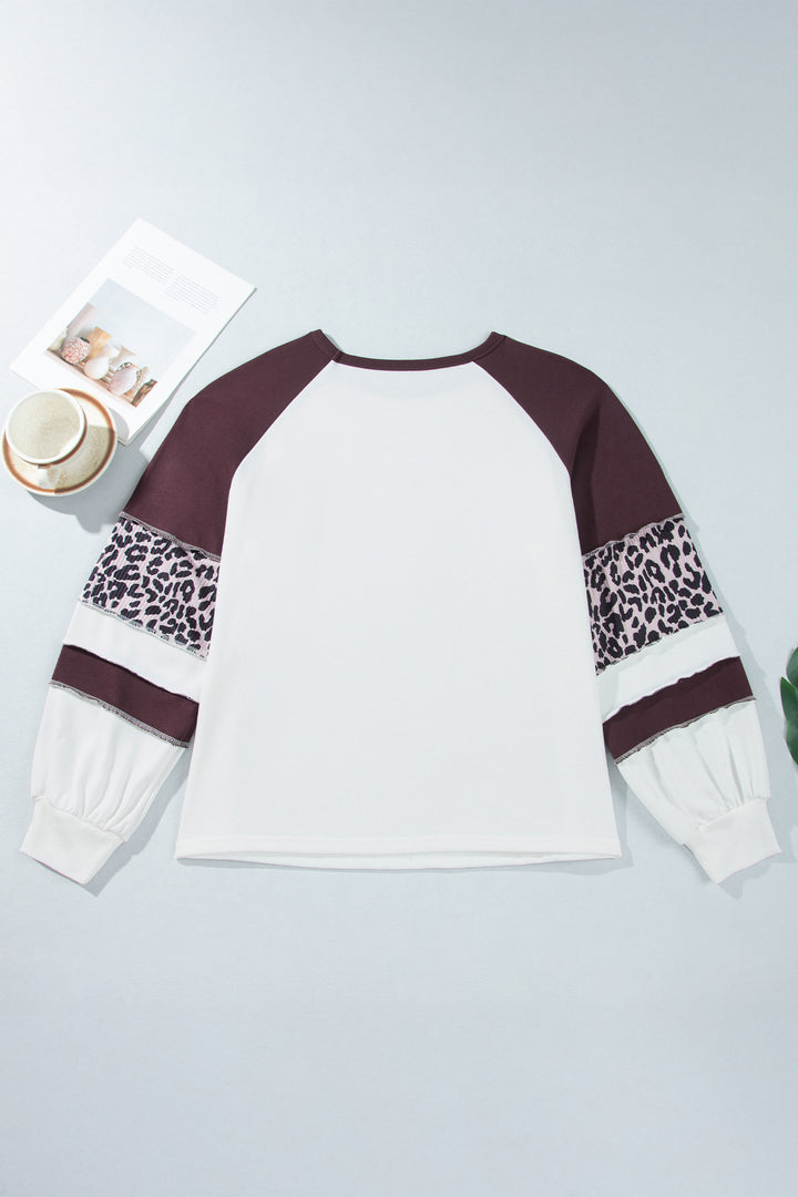 Beige Leopard Print Colorblock Round Neck Long Sleeve Plus Size Blouse