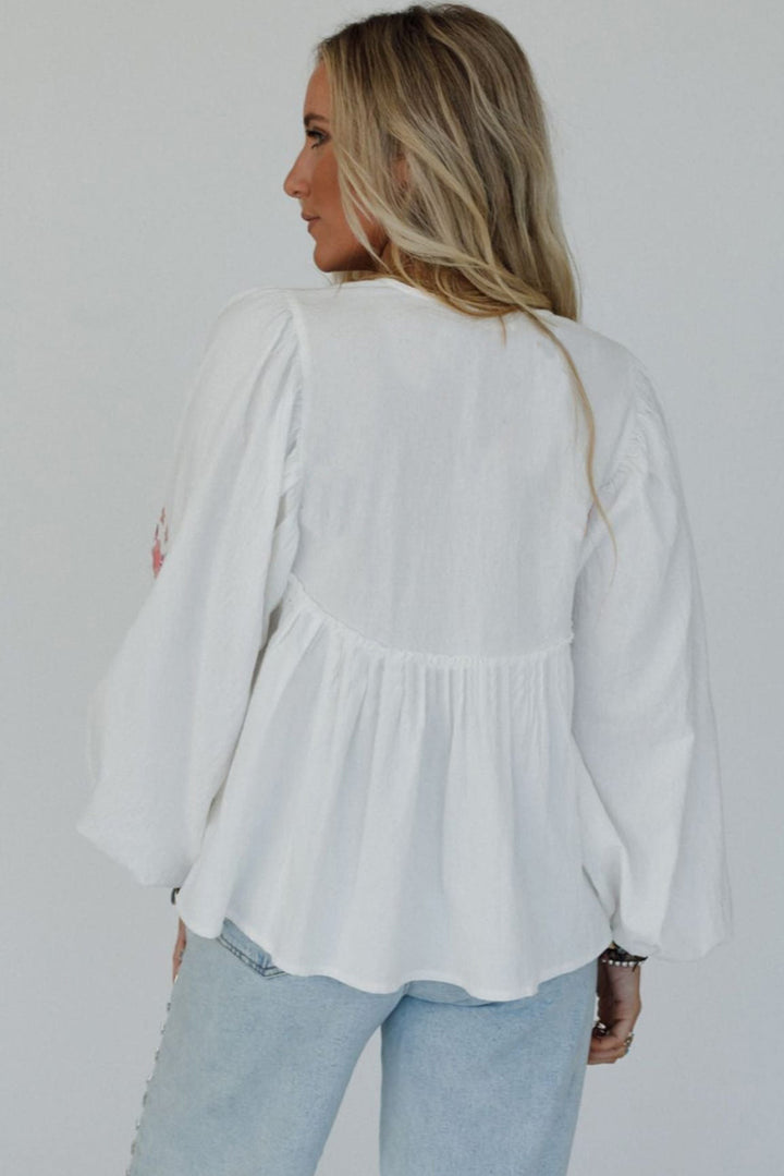 White Flower Lace-up V Neck Babydoll Blouse