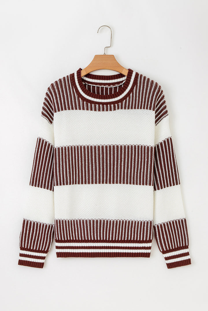 Brown Two Tone Striped Patchwork Drop Shoulder Loose Sweater
