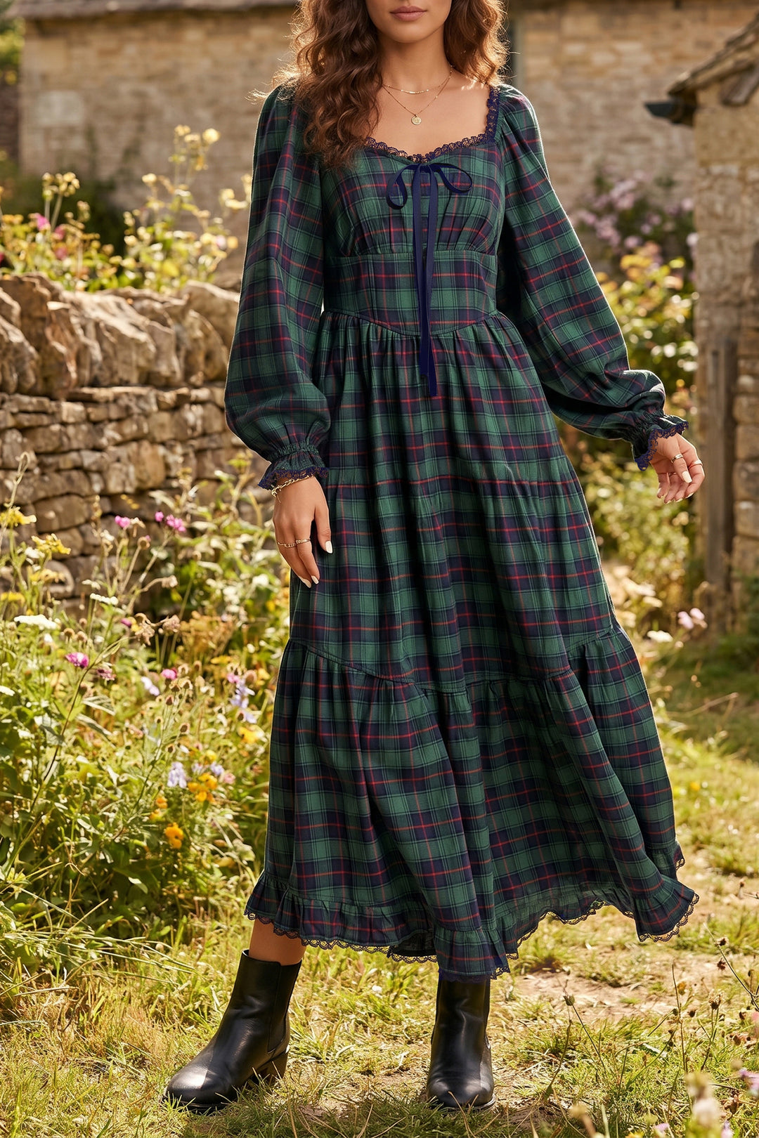 Green Vintage Plaid Square Neck Lace Trim Long Sleeve Shift Dress