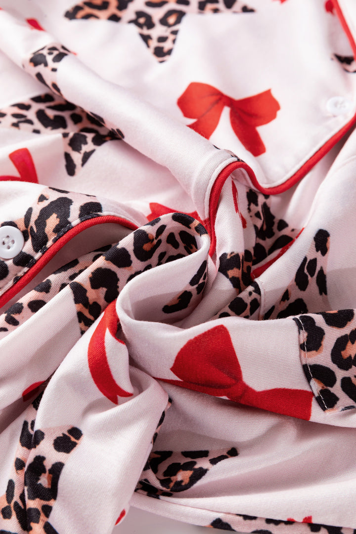 White Leopard Star Ribbon Bow Print Contrast Trim Short Pajama Set