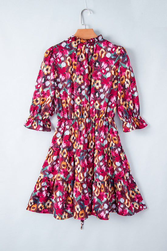 Rose Red Floral Print Tiered Ruffled Half Sleeve V Neck Dress | Women