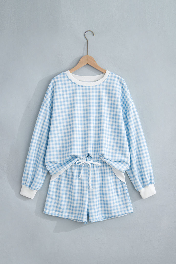 Yellow Plaid Baggy Pullover Drawstring Casual Shorts 2pcs Outfit