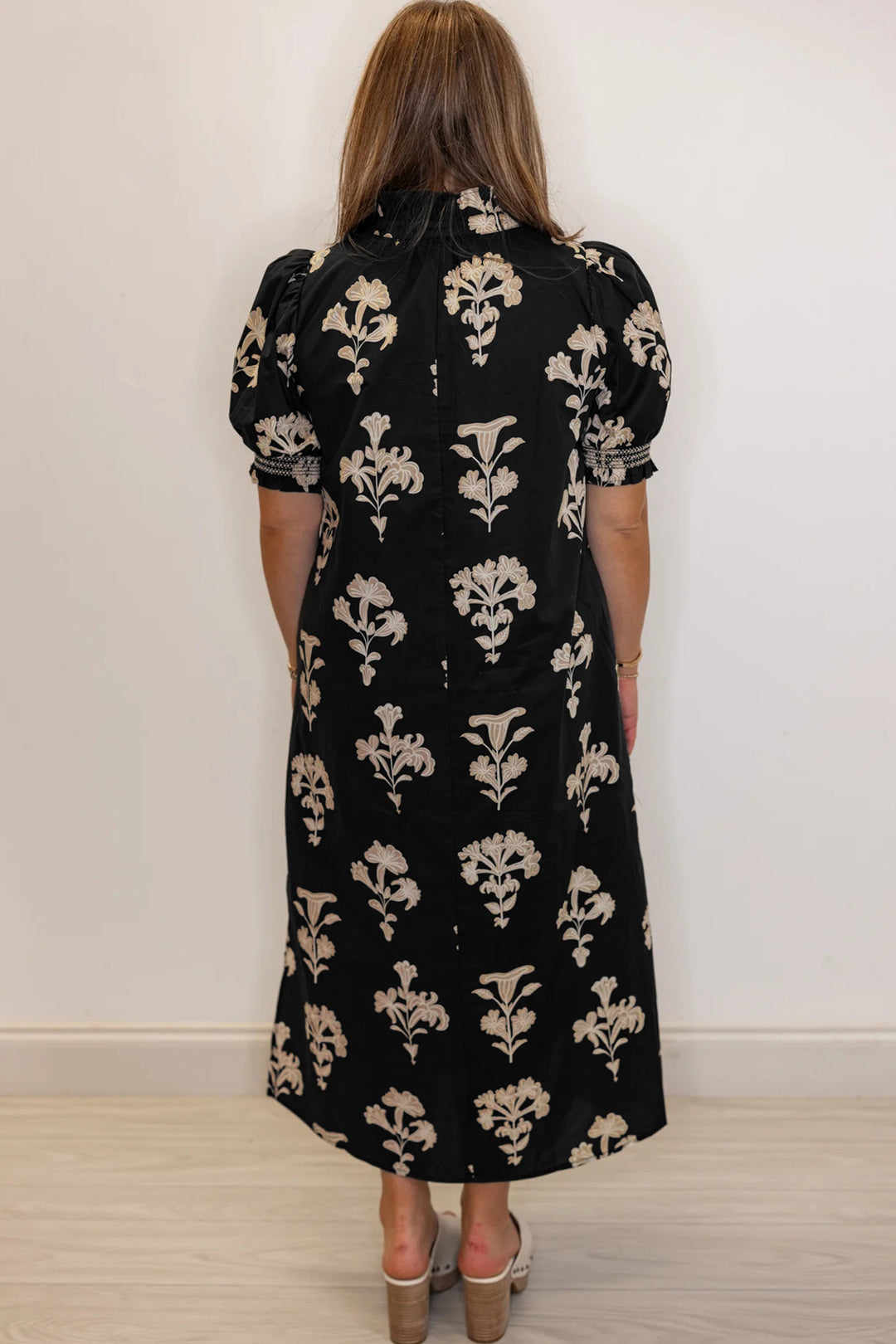 Black Floral Print Frilled Collar Short Puff Sleeve Maxi Dress