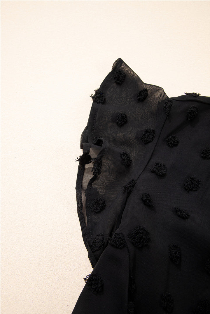 Black Dotty Textured Notched Neck Plus Ruffled Dress