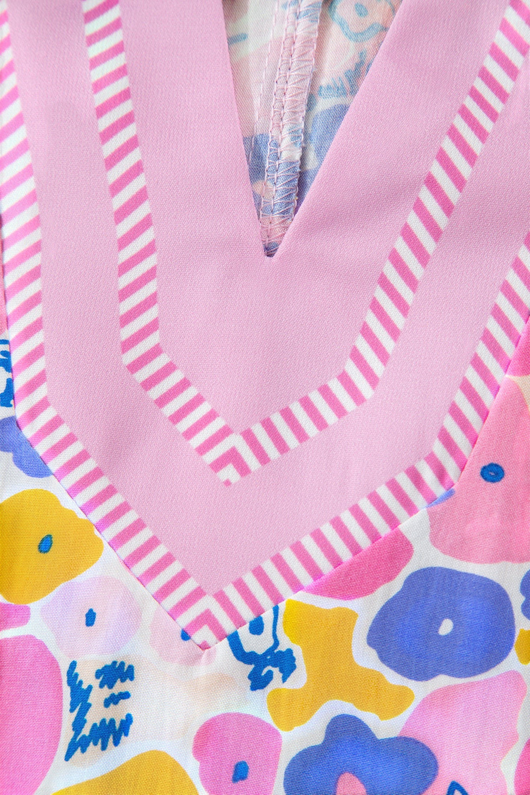 Pink Playful Floral Print Striped Color Block Patchwork V Neck Flutter Sleeve Blouse