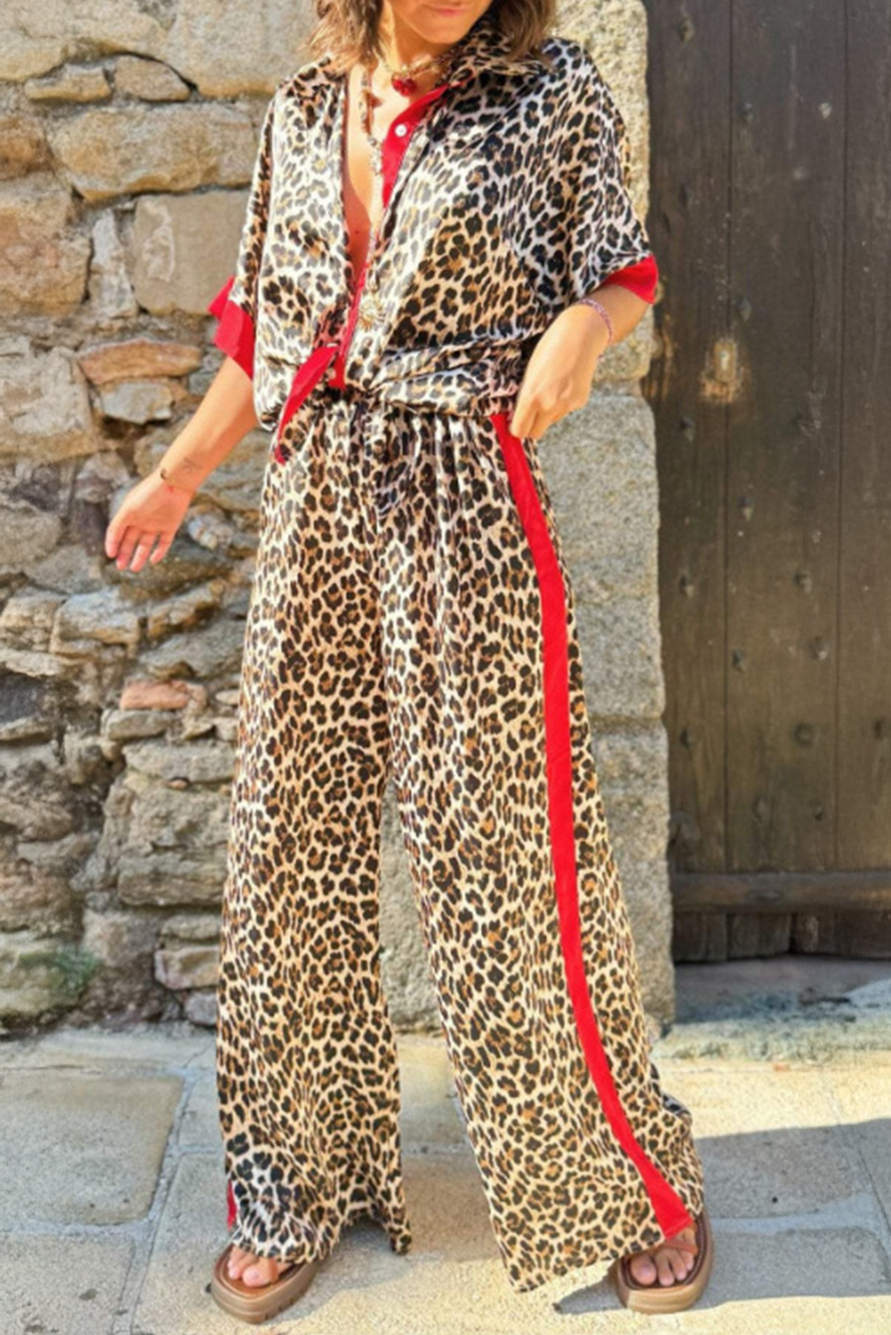 Multicolour Leopard Print Contrast Detail Short Sleeve Shirt and Loose Pants Set