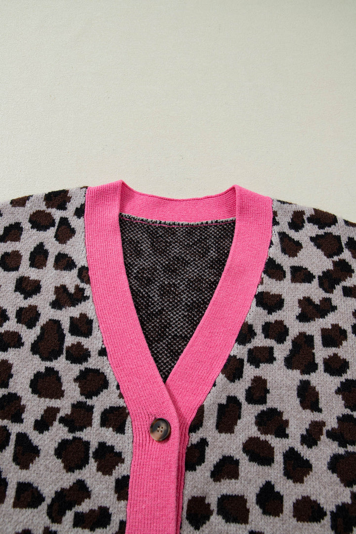Khaki Oversize Color Block Trim Button Down Leopard Print Cardigan