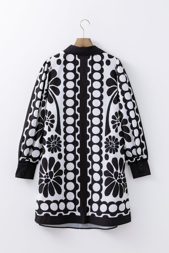 Black Polka Dot Floral Printed V Neck Long Sleeve Shift Mini Dress