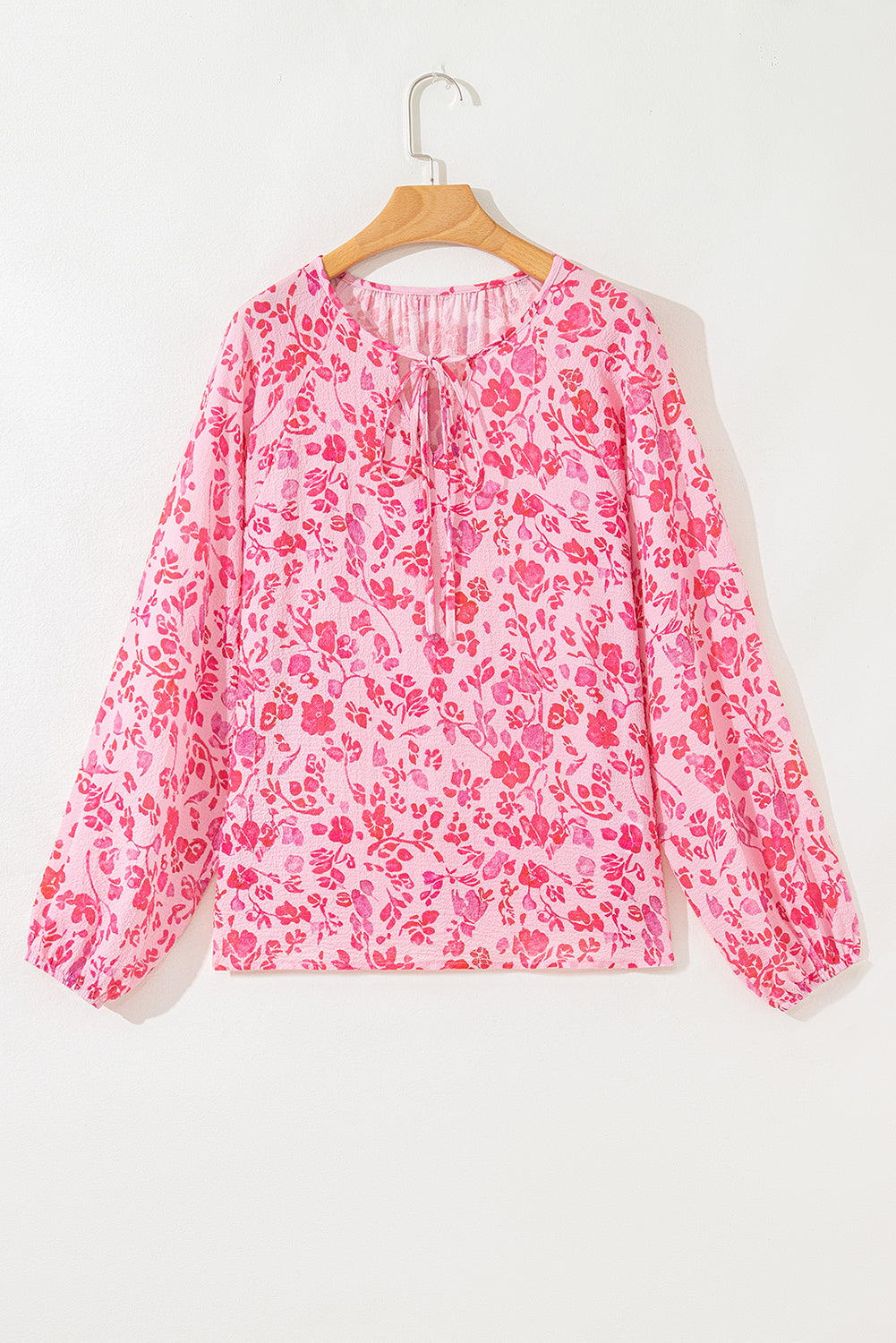 Pink Floral Puff Sleeve Split Neck Lightweight Blouse