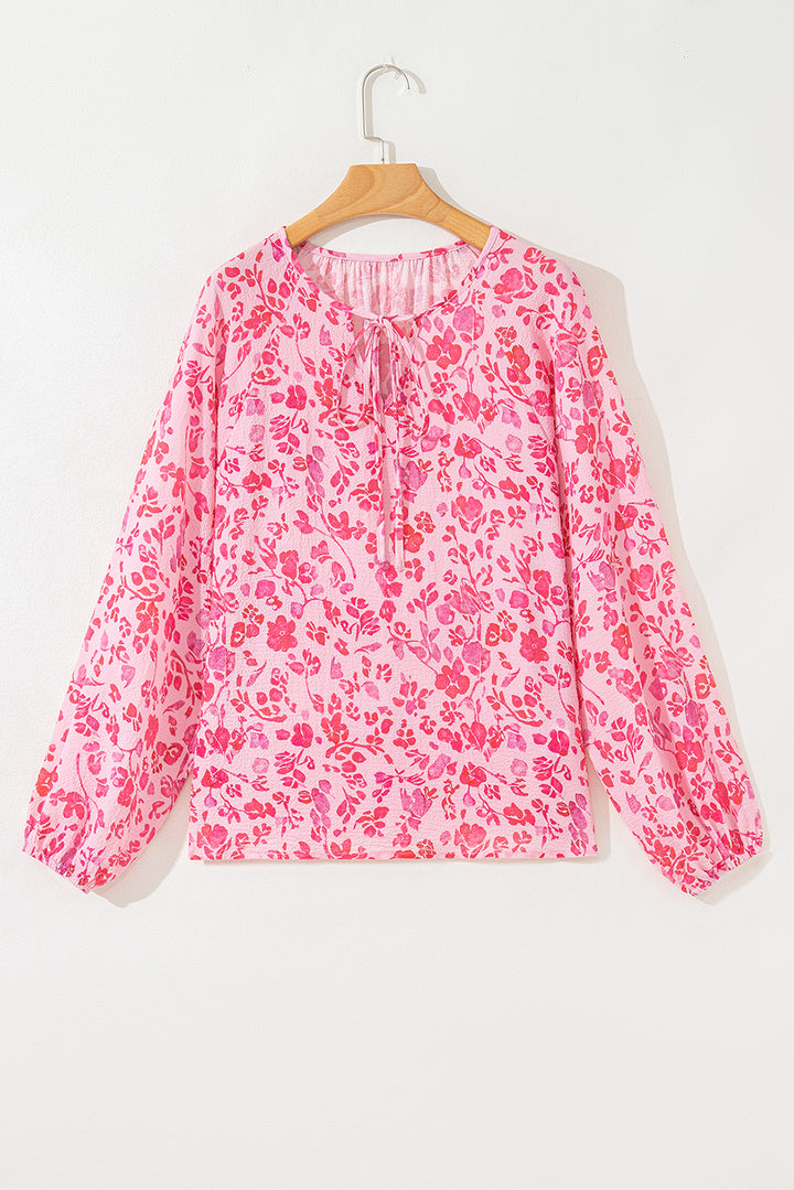 Pink Floral Puff Sleeve Split Neck Lightweight Blouse