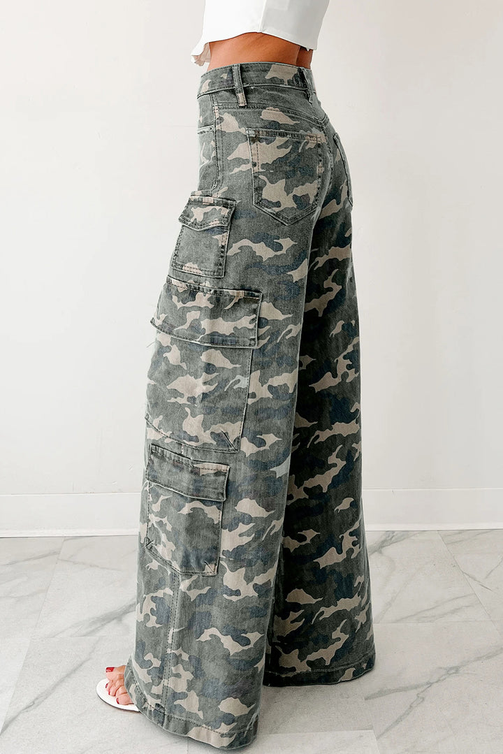 Green Camo Denim Cargo Wide Leg Pants