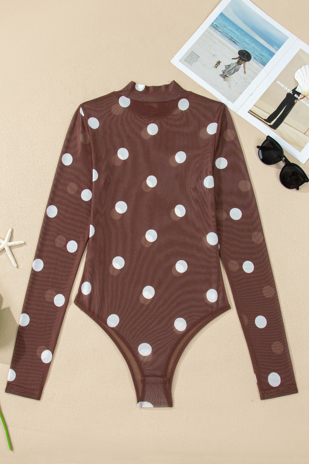 Brown Vintage Polka Dot Print Mesh Long Sleeve Bodysuit