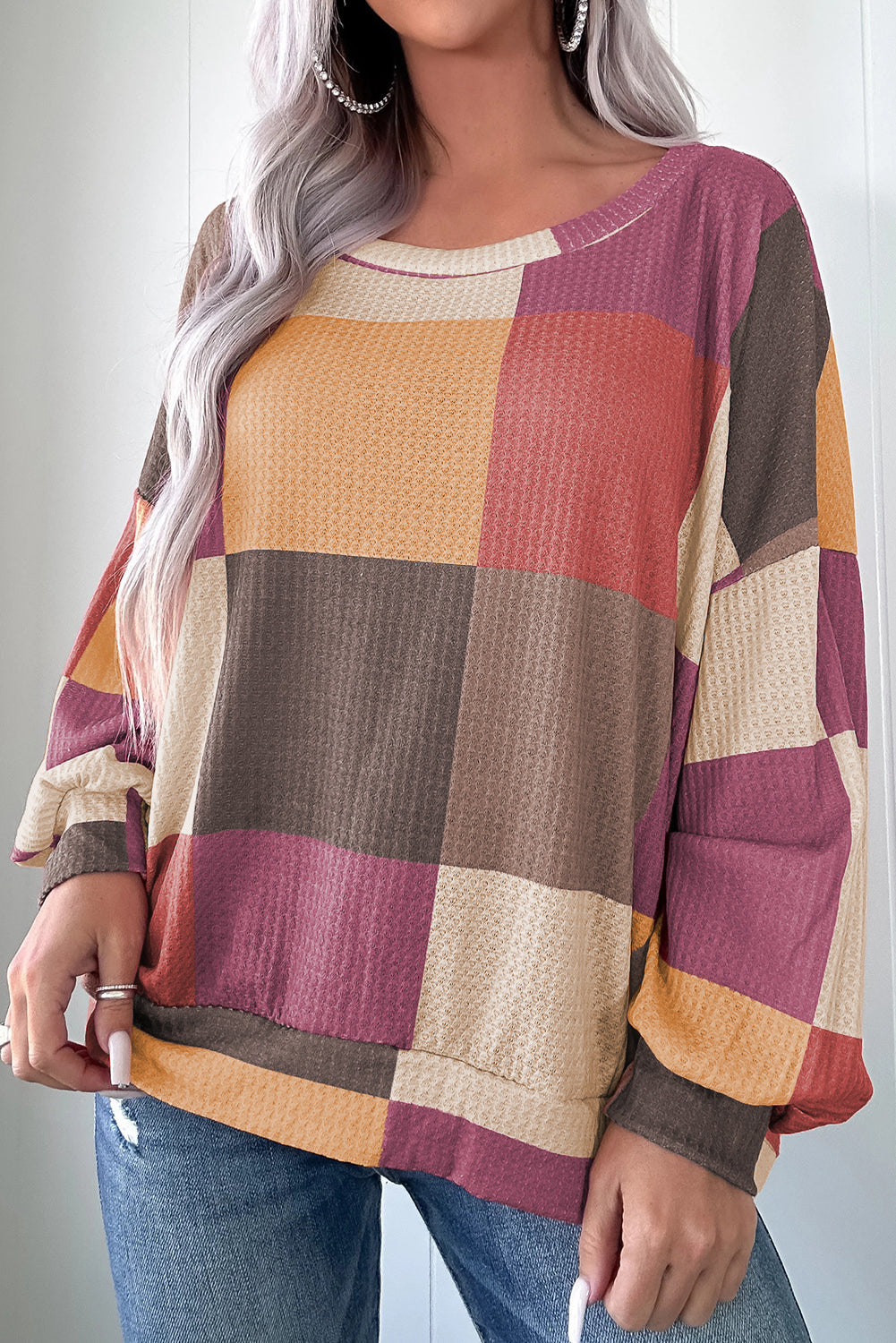 Green Checkered Print Textured Knit Long Sleeve Loose Top