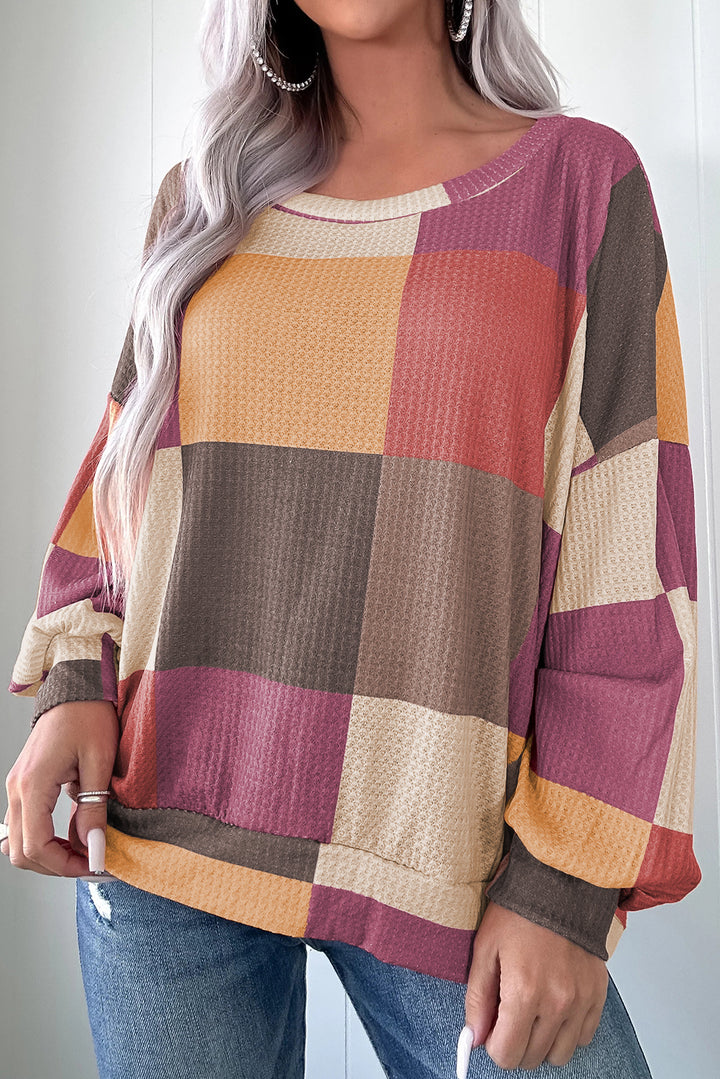 Green Checkered Print Textured Knit Long Sleeve Loose Top