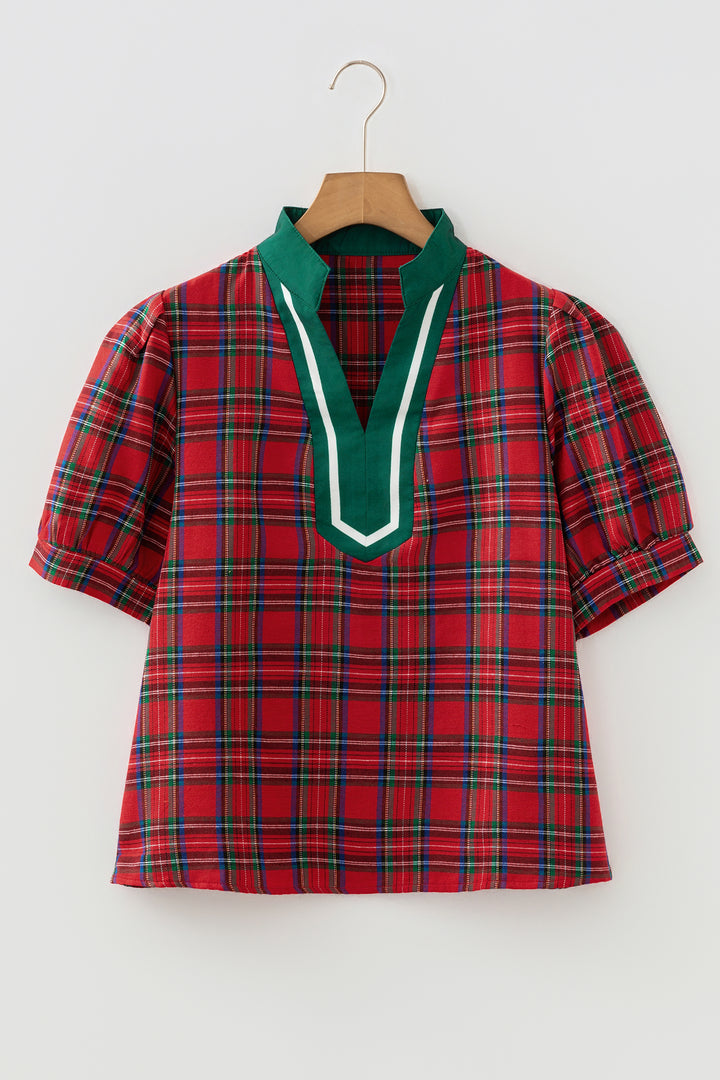 Red Plaid Print Contrast Trim V Neck Short Sleeve Blouse