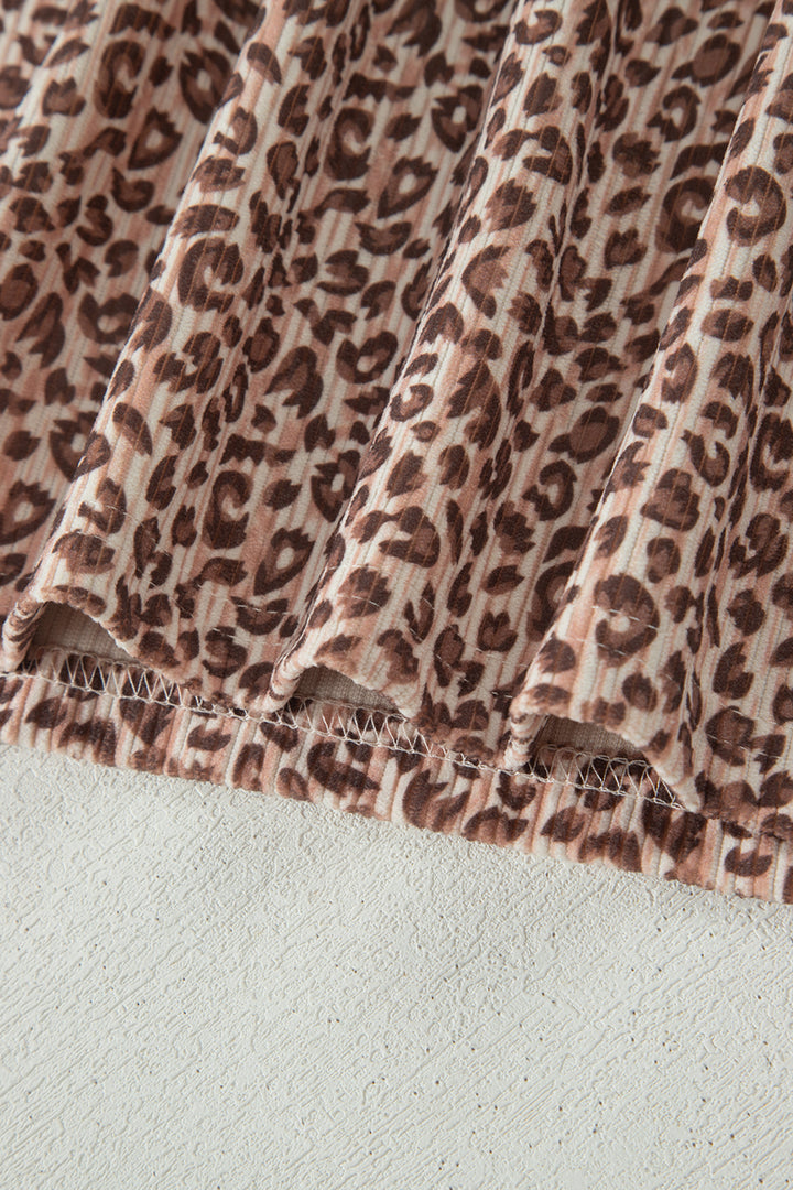 Brown Leopard Print Ribbed Patchwork Half Button Loose Tee Elastic Waist Short 2pcs Set