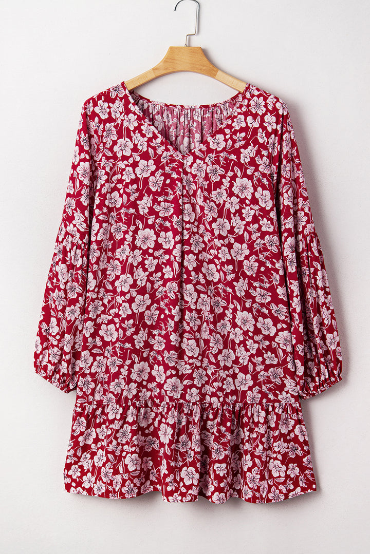 Purple Plus Floral Balloon Sleeve V Neck Relaxed Dress