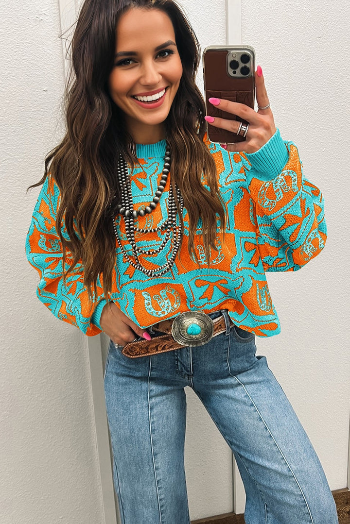 Light Blue Bows &amp; Horseshoes Pattern Western Fashion Print Sweater