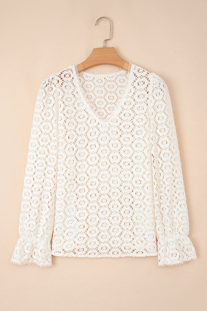 Beige Flower Lace V Neck Ruffled Sleeve Top