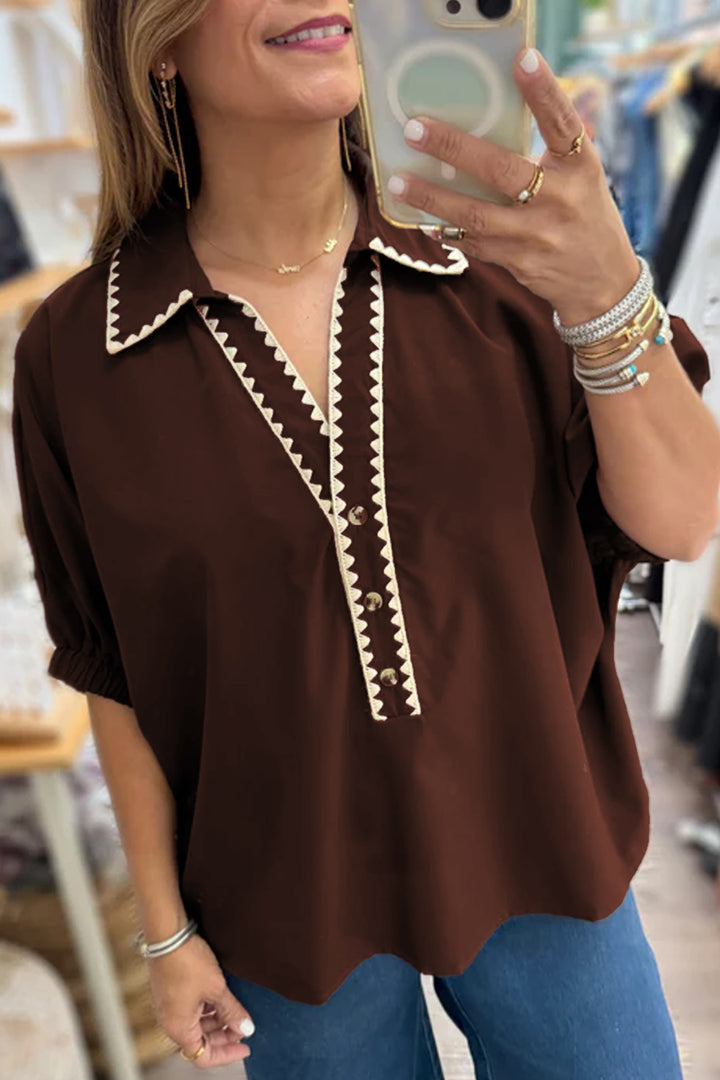 Coffee Shirt Collar Contrast Trim Button V Neck Short Sleeve Blouse