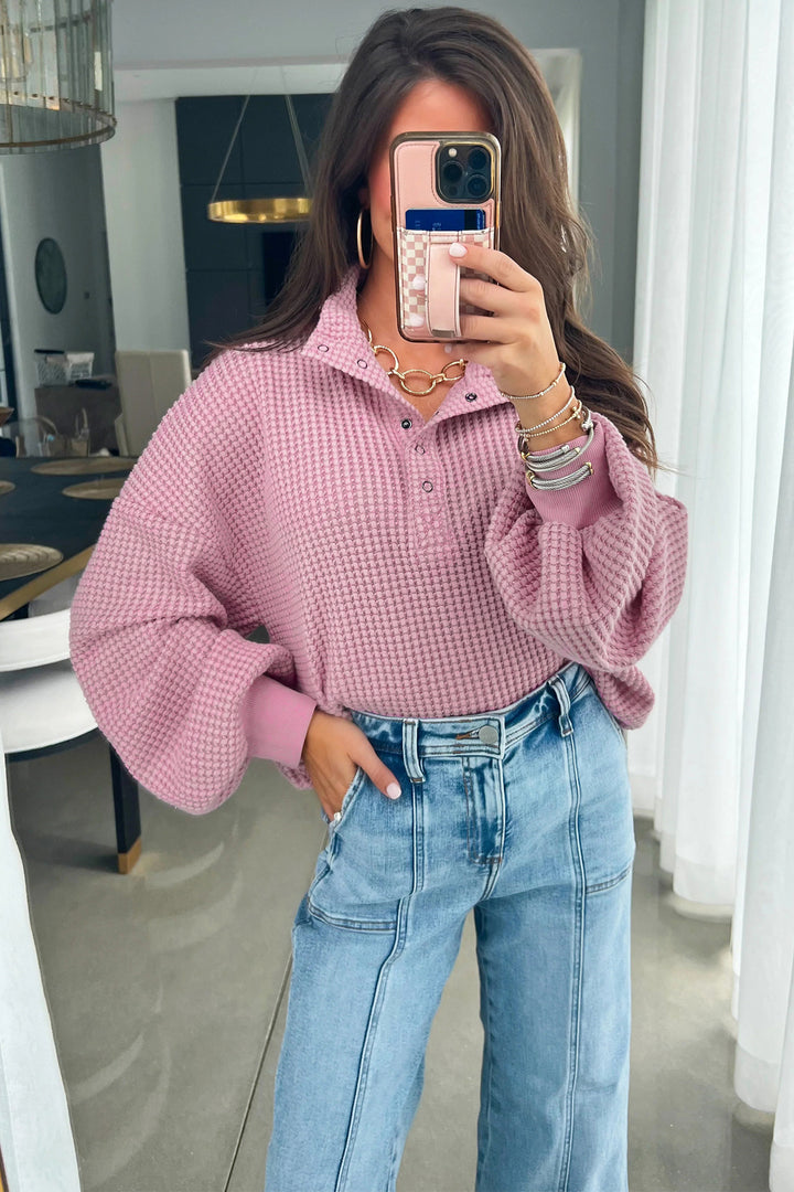 Casual Solid Color Textured Snap Button Collared Baggy Top