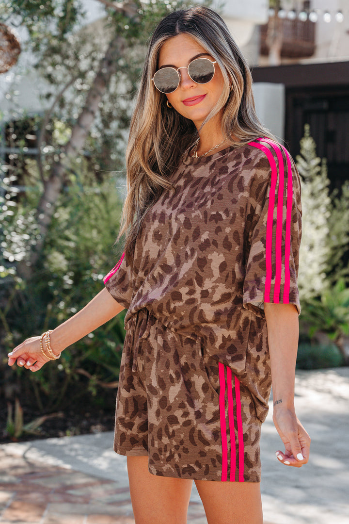 Brown Contrast Striped Accent Leopard Short Set
