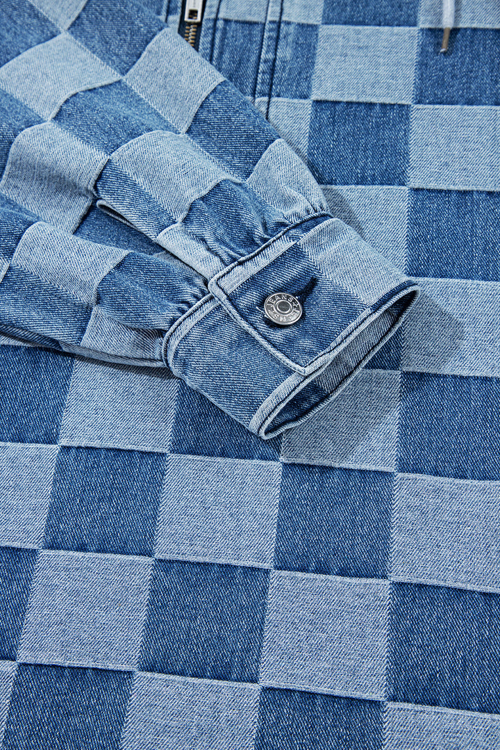 Sky Blue Checkerboard Oversized Zipped Neck Kangaroo Pocket Denim Hoodie