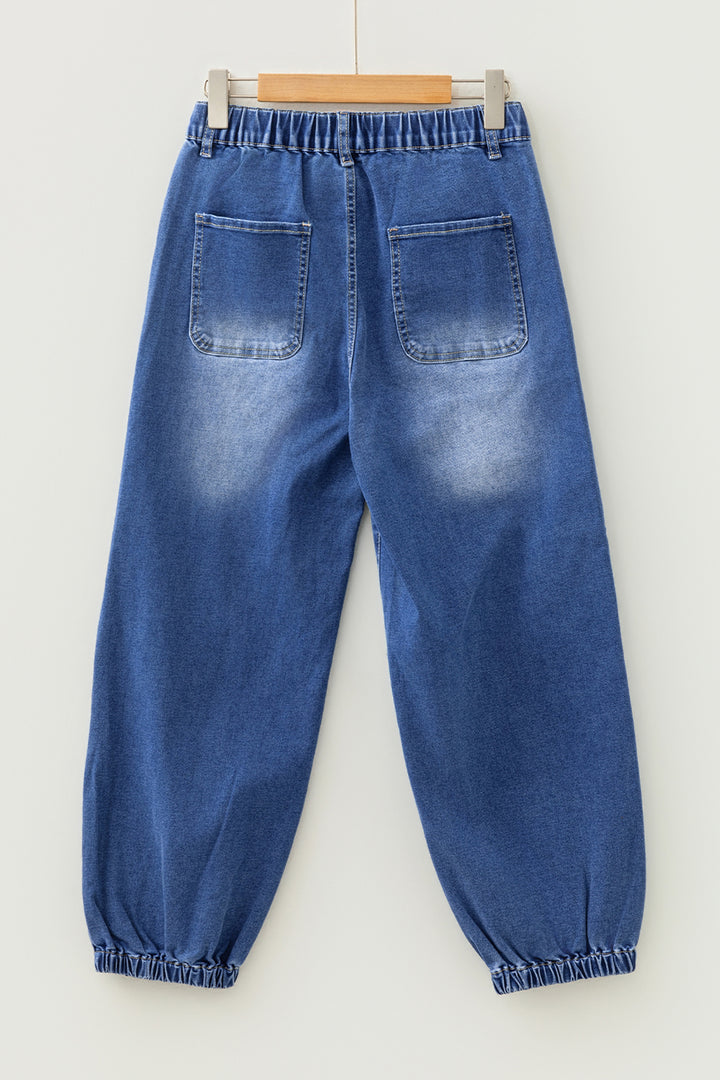 Blue 4 Buttons Front Tapered Casual Loose Fit Jeans