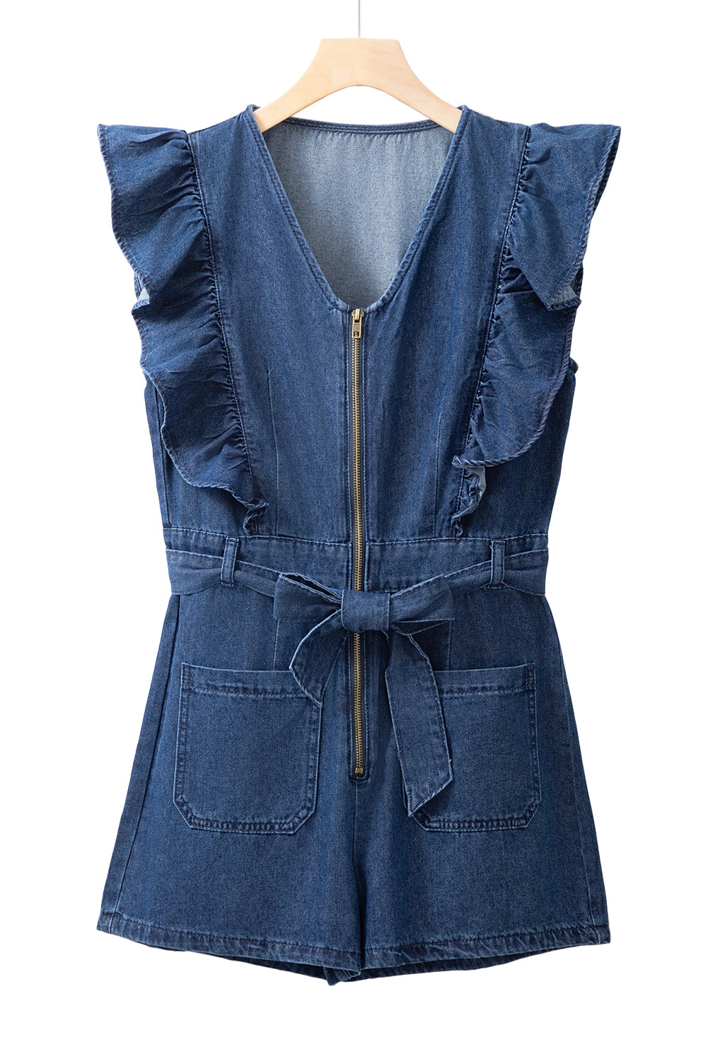 Sail Blue Denim Ruffled Zipped Front Belted Romper