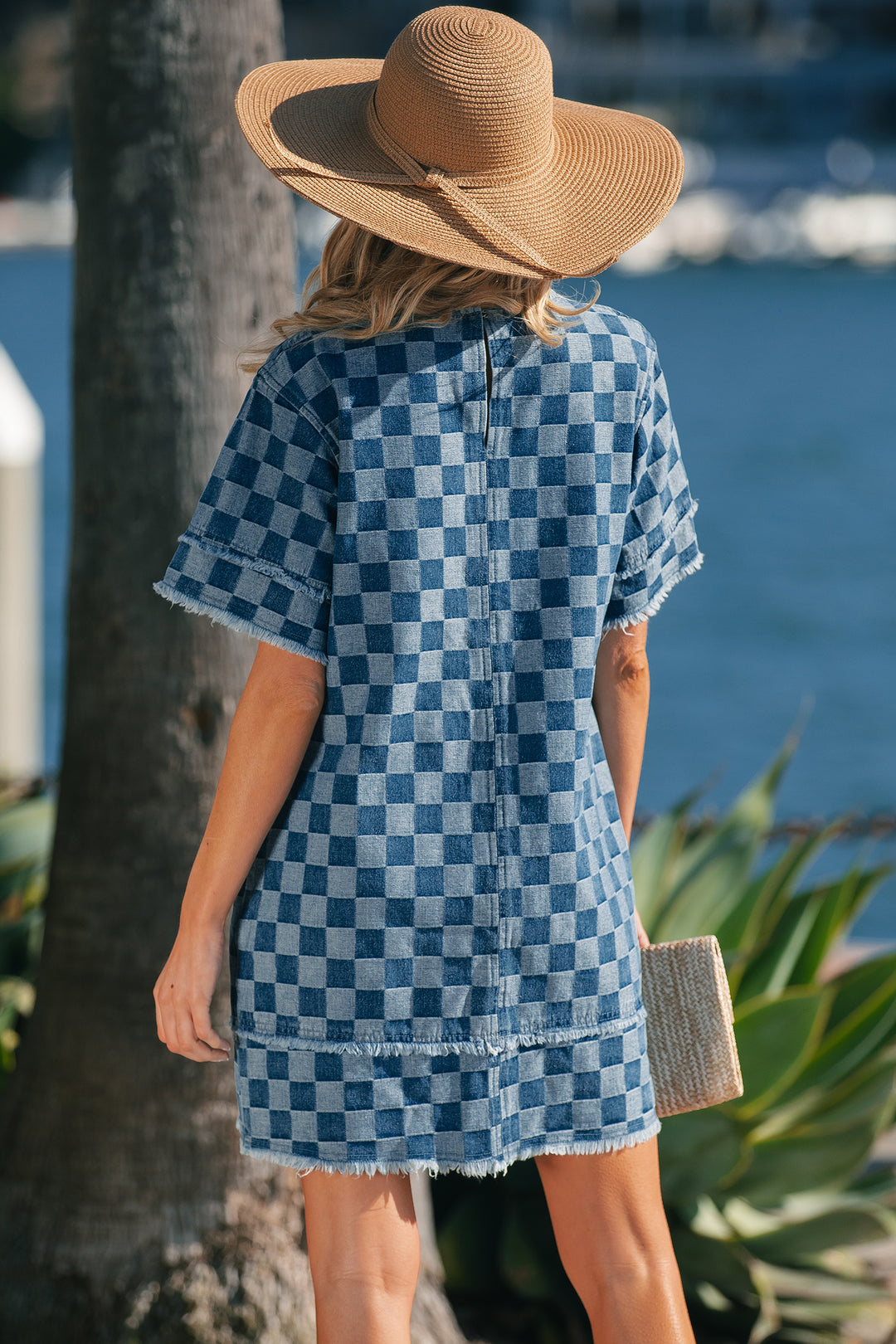 Sky Blue Frayed Hem Checkered Denim Mini Dress