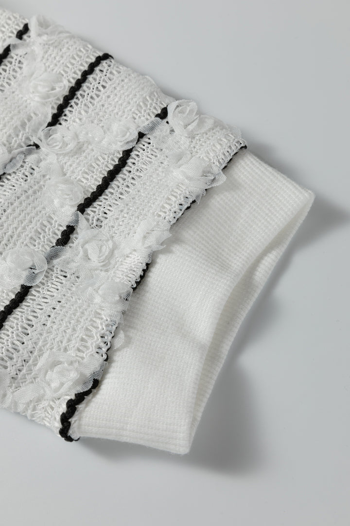 White Button Placket 3/4 Striped Sleeve Patchwork Rib Knit Top