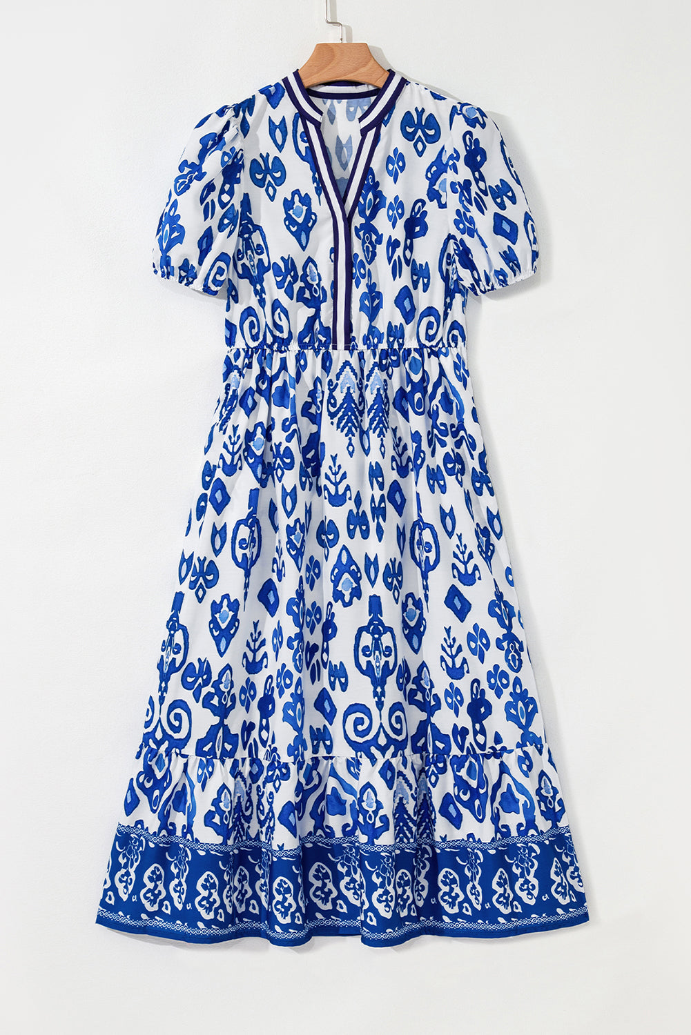 Blue Floral Puff Short Sleeve V Neck High Waist Maxi Dress