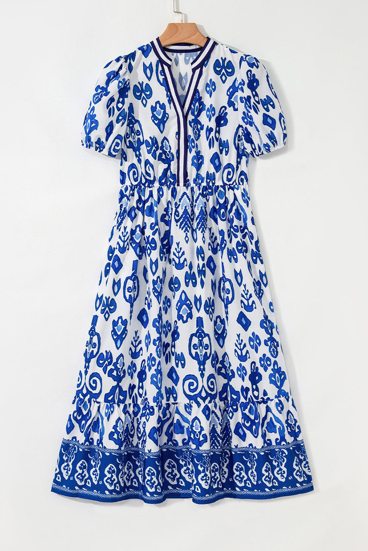 Blue Floral Puff Short Sleeve V Neck High Waist Maxi Dress