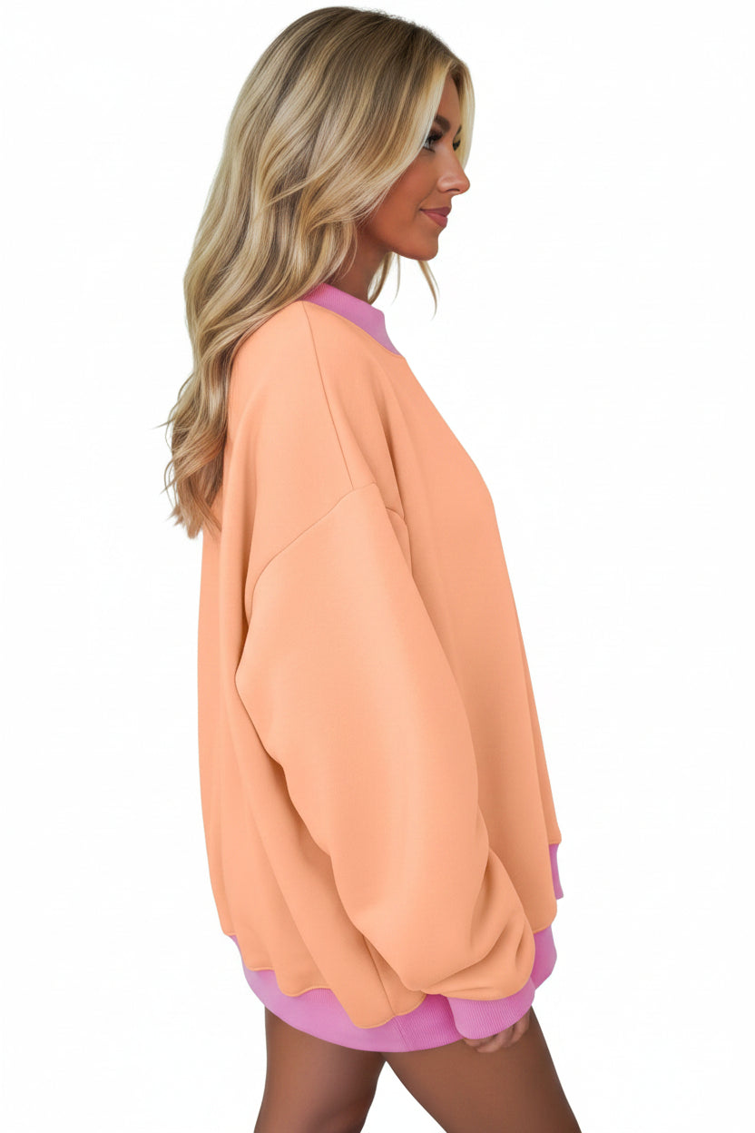 Pink Colorblock Trim Crewneck Long Sleeve Pullover Sweatshirt