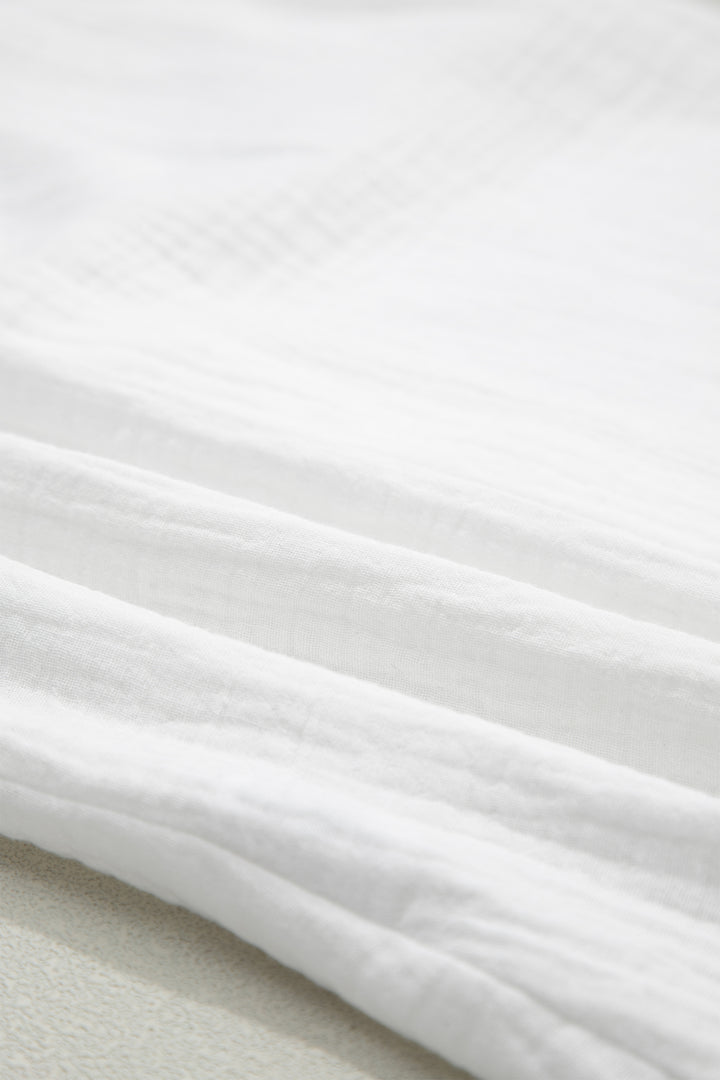 White Cotton Lace Trim Cuffed Short Sleeve Textured Shirt