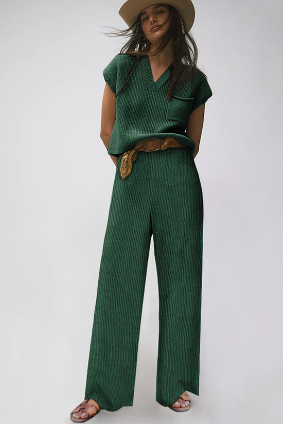 Green Knitted V Neck Sweater and Casual Pants Set | Women