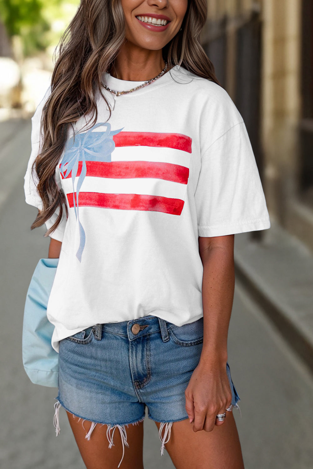 Light Pink Flag Bow Graphic Crewneck Tee